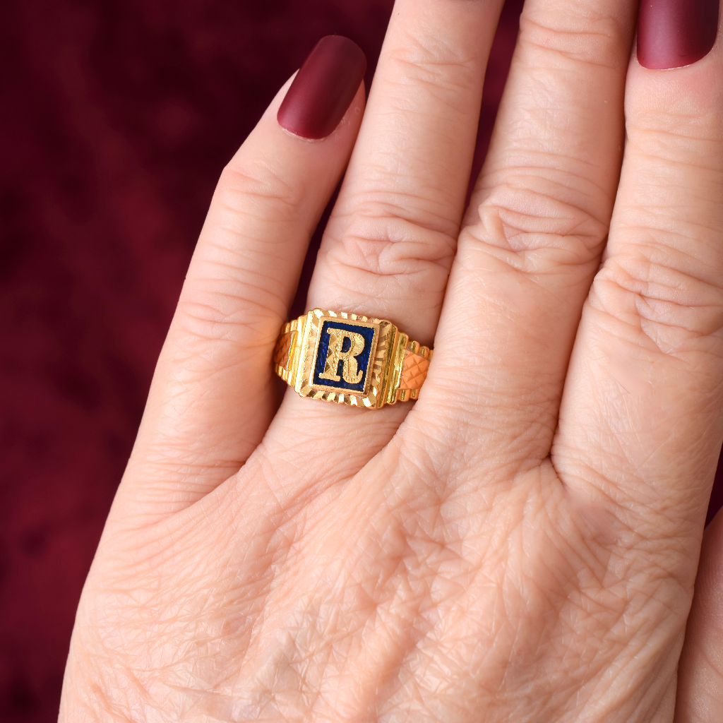Modern 22ct Yellow Gold And Enamel Letter R’ Ring