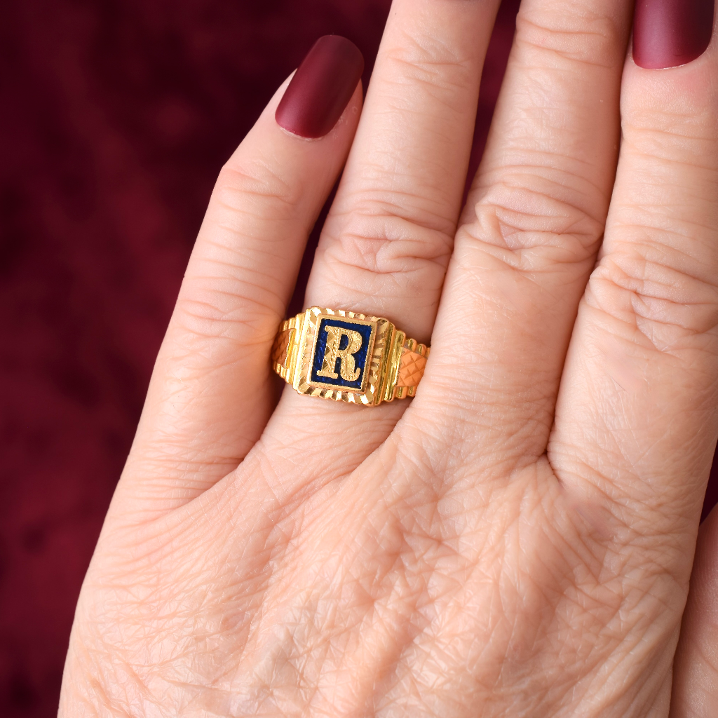 Modern 22ct Yellow Gold And Enamel Letter R’ Ring - Graisons Fine Jewellery