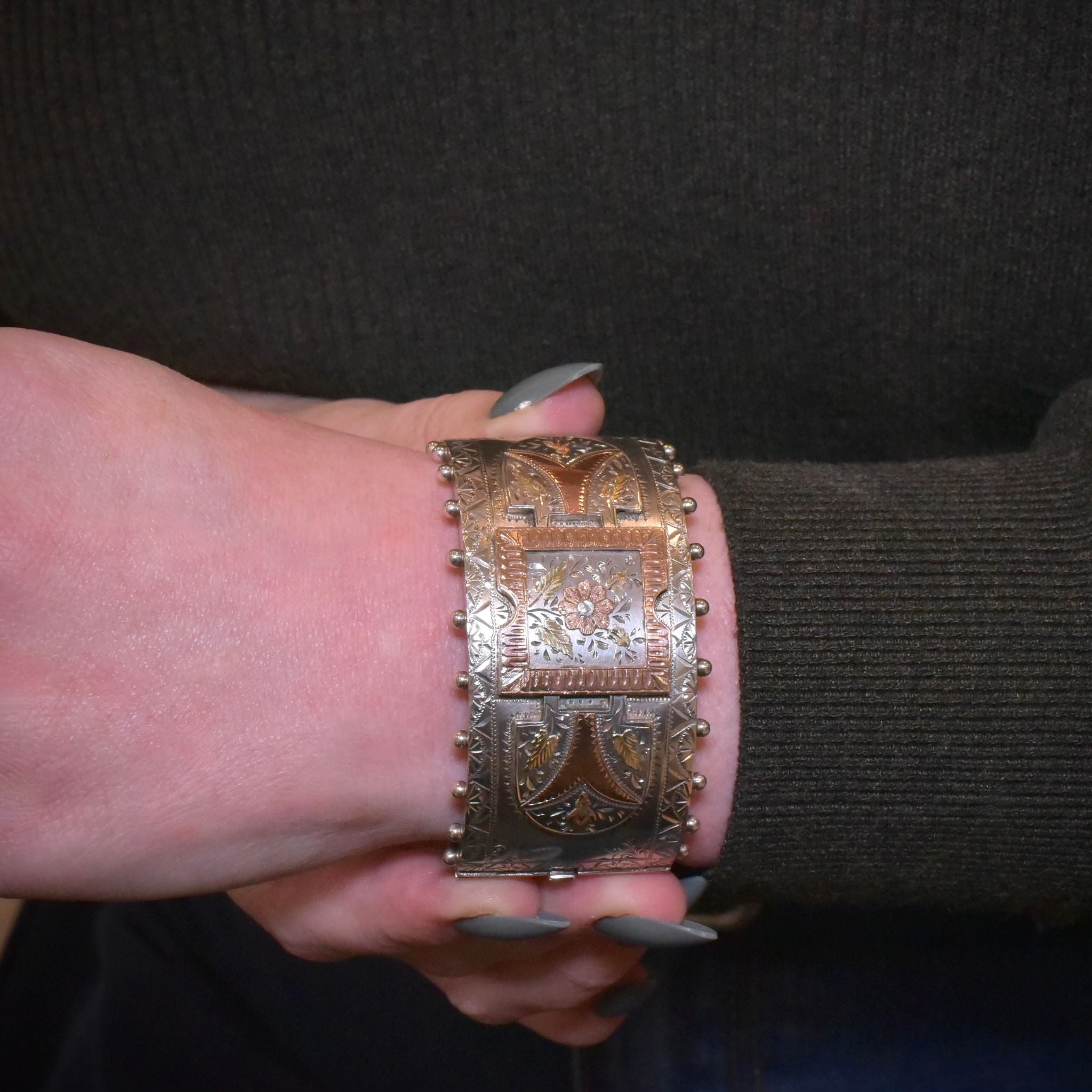 Splendid Antique Victorian Tri-Colour Sterling Silver / 9ct Gold Cuff Bangle - Birmingham 1884