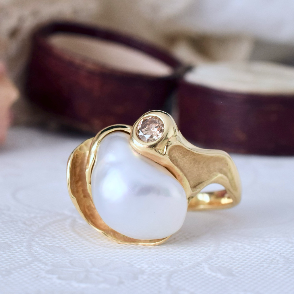 Superb 18ct Yellow Gold South Sea Keshi Pearl And Argyle Champagne Diamond Ring Independent Valuation Included For $16,500 AUD