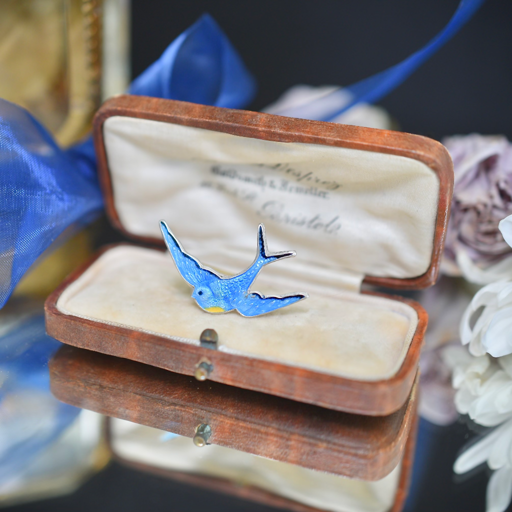 Vintage Australian Silver And Guilloche Enamel ‘Bluebird Of Happiness’ Brooch Circa 1960-1970’s