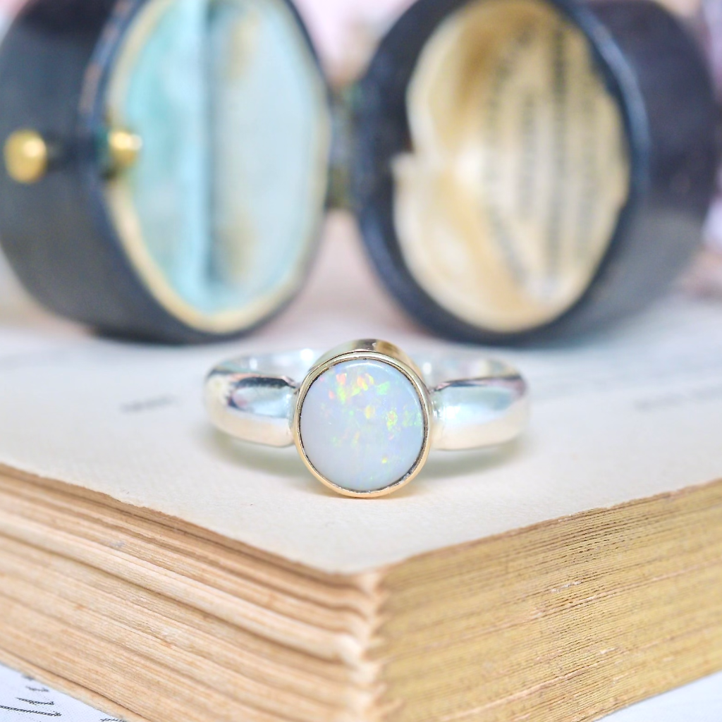 Contemporary 9ct Yellow Gold And Sterling Silver White Opal Ring