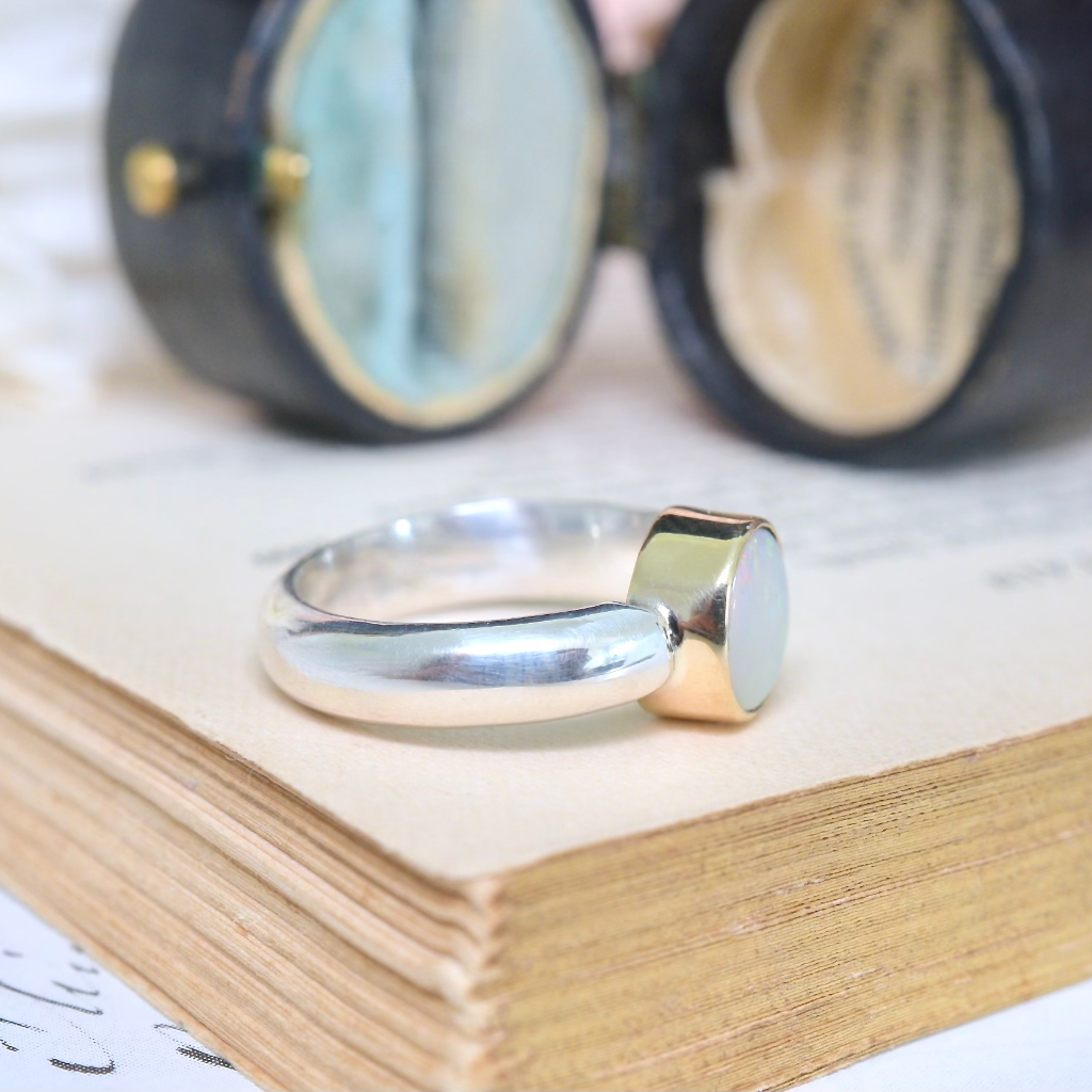 Contemporary 9ct Yellow Gold And Sterling Silver White Opal Ring