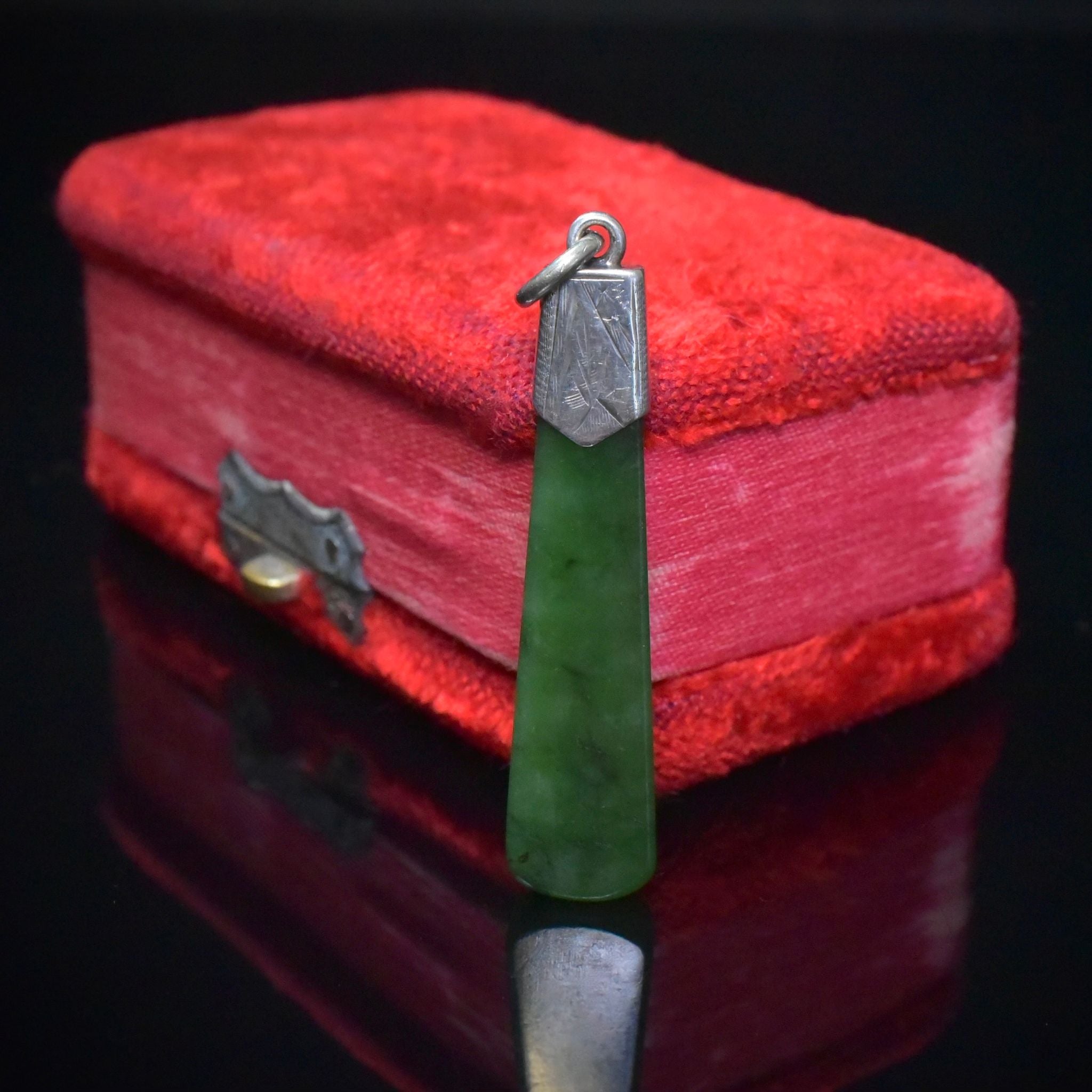 Antique Edwardian Sterling Silver Nephrite Jade Fob Pendant Circa 1900-1910