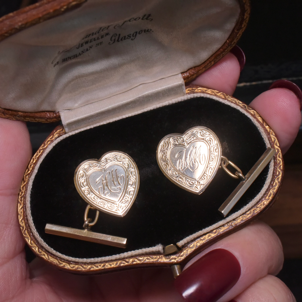 Antique Australian Edwardian Era 9ct Yellow Gold ‘Heart’ Ladies Cufflinks Circa 1910