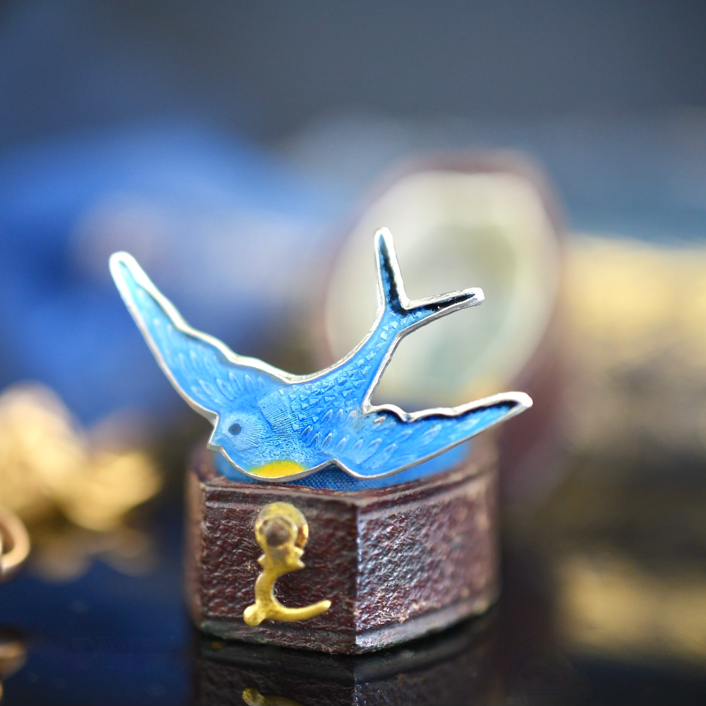 Vintage Australian Silver And Guilloche Enamel ‘Bluebird Of Happiness’ Brooch Circa 1960-1970’s