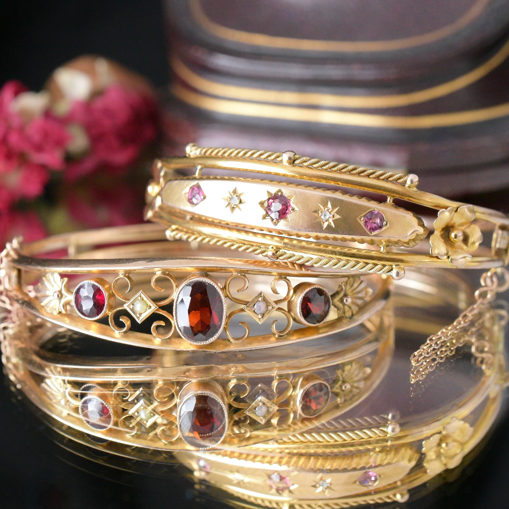 Antique Australian 9ct Rose Gold Garnet And Seed Pearl Bangle Circa 1910 