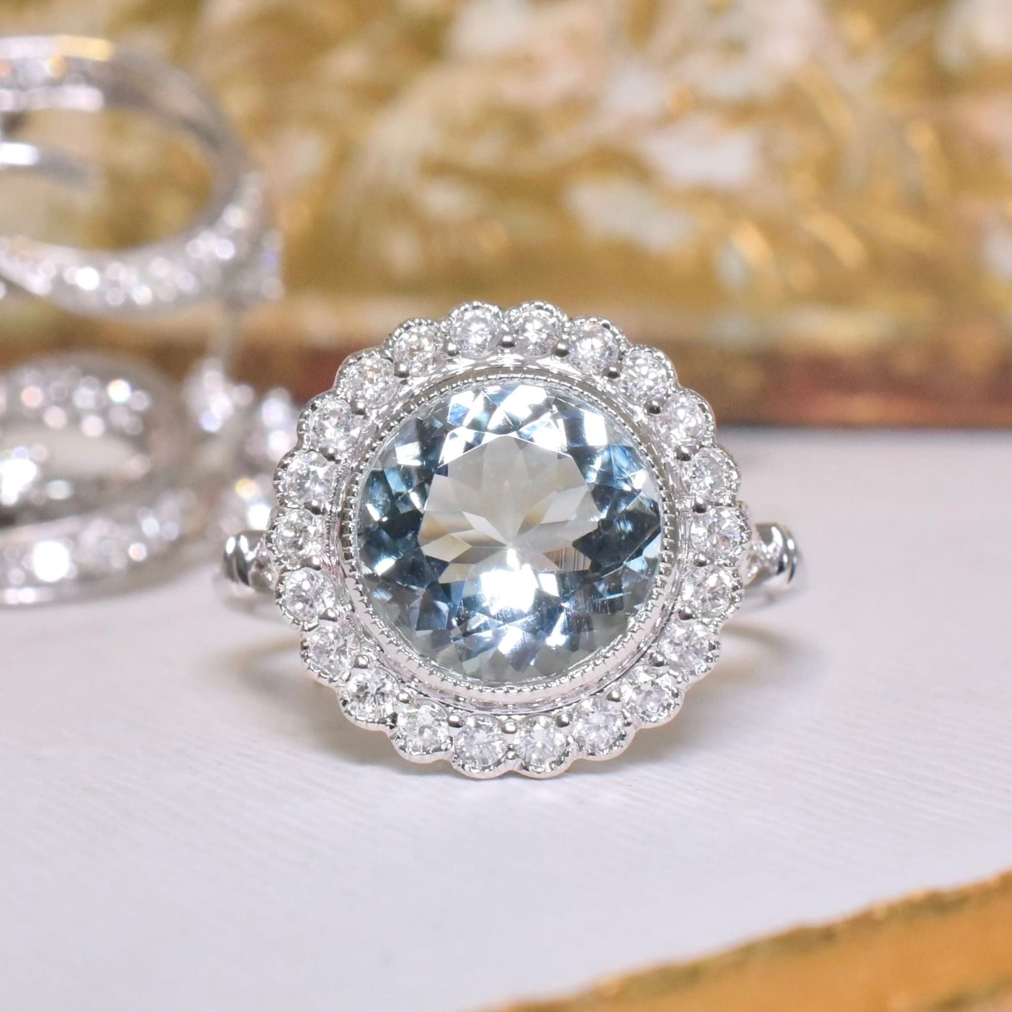 Modern 14ct White Gold Aquamarine And Diamond Daisy Halo Cluster