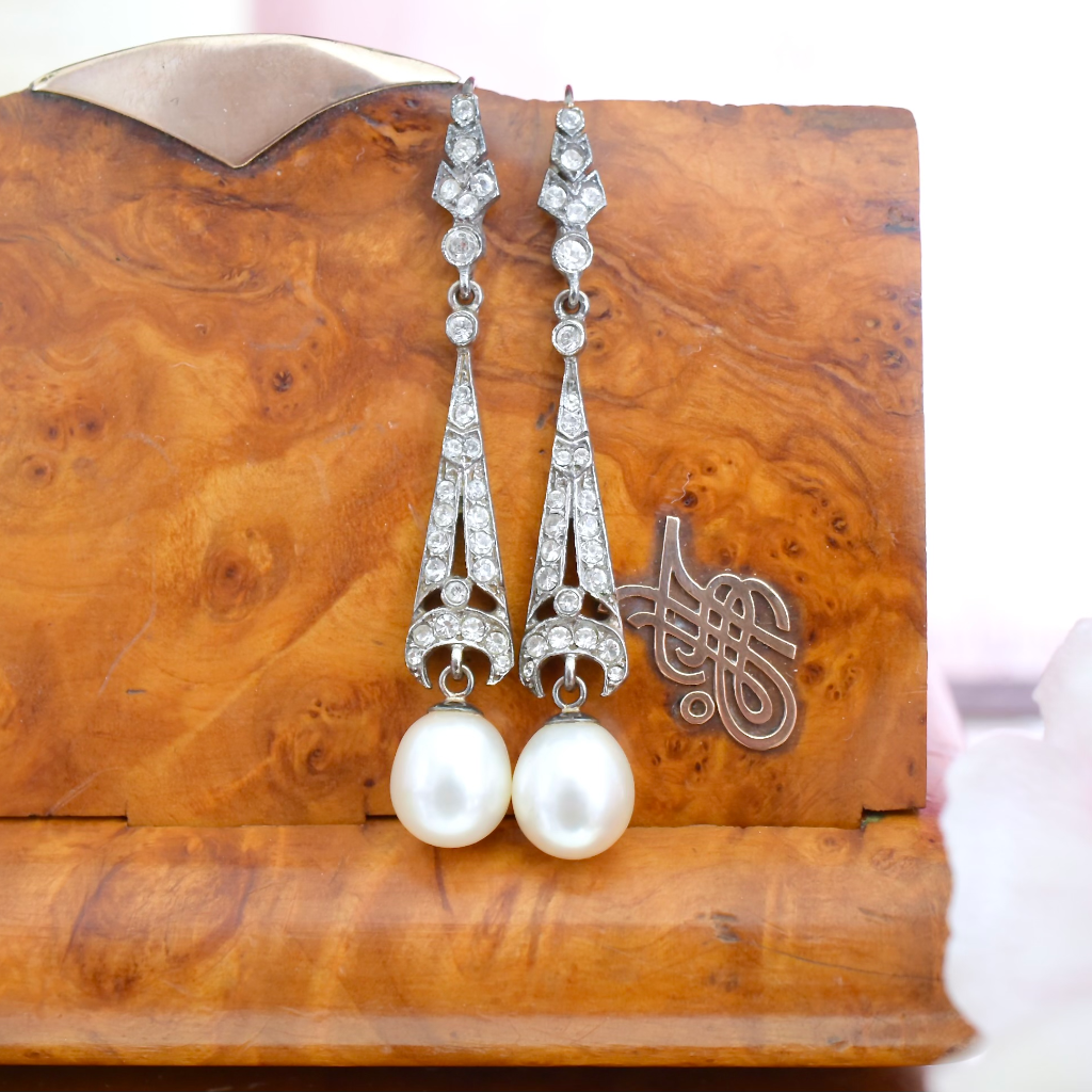 Antique Art Deco Sterling Silver Paste (Glass) And Pearl Long Drop Earrings Circa 1920’S