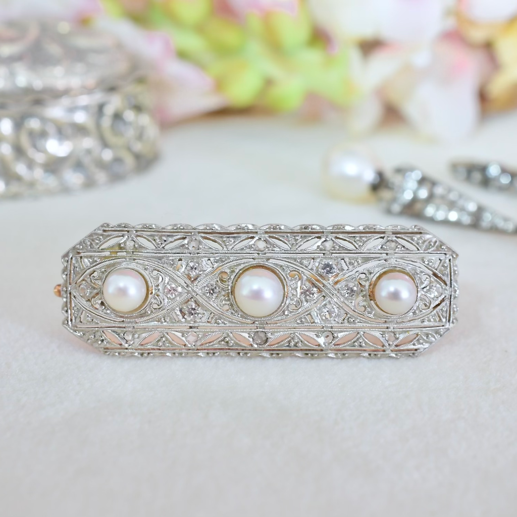 Antique Art Deco Platinum And Gold Pearl And Diamond Brooch Circa 1930's