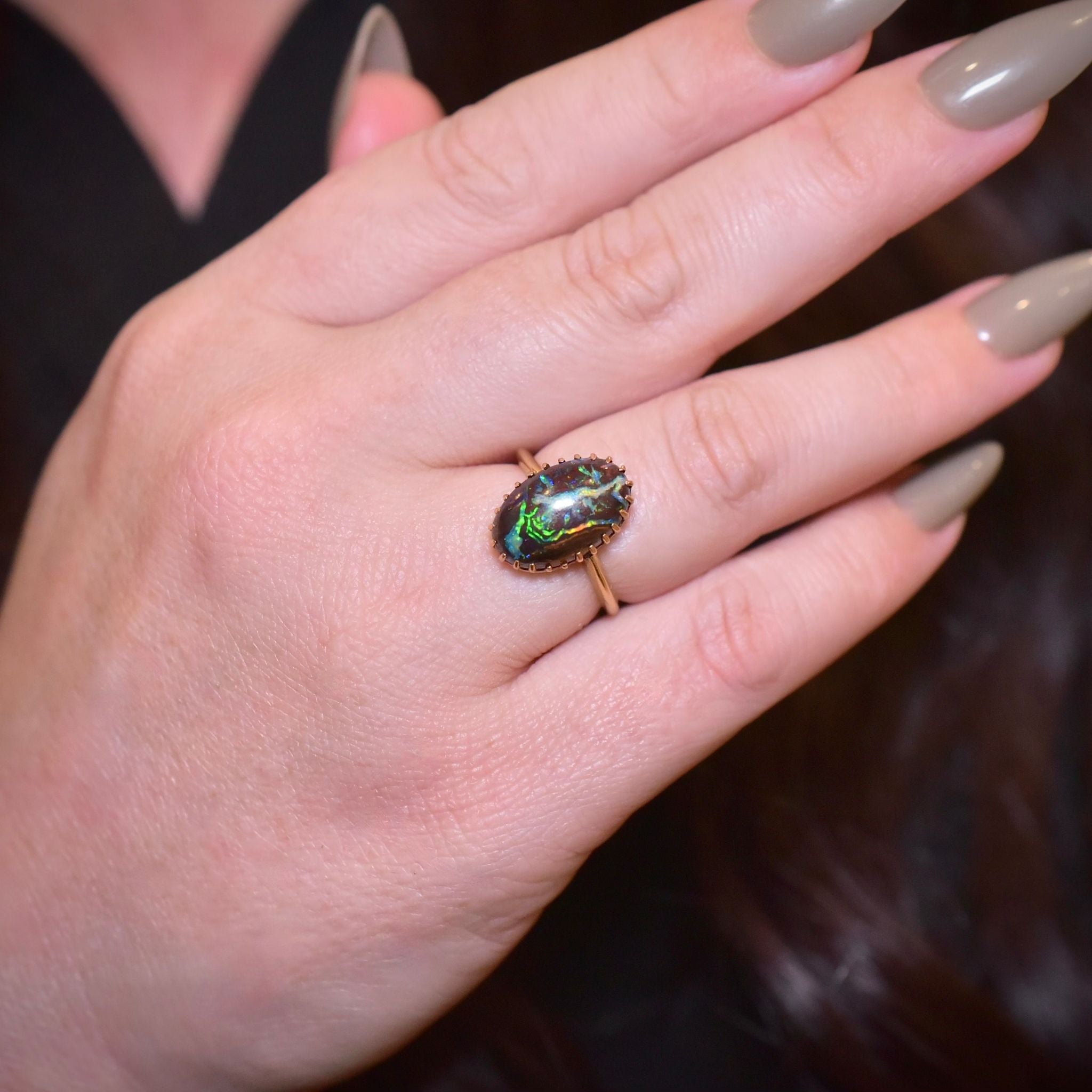 Antique Australian 9ct Yellow Gold Solid Boulder Opal Ring Circa 1930-40