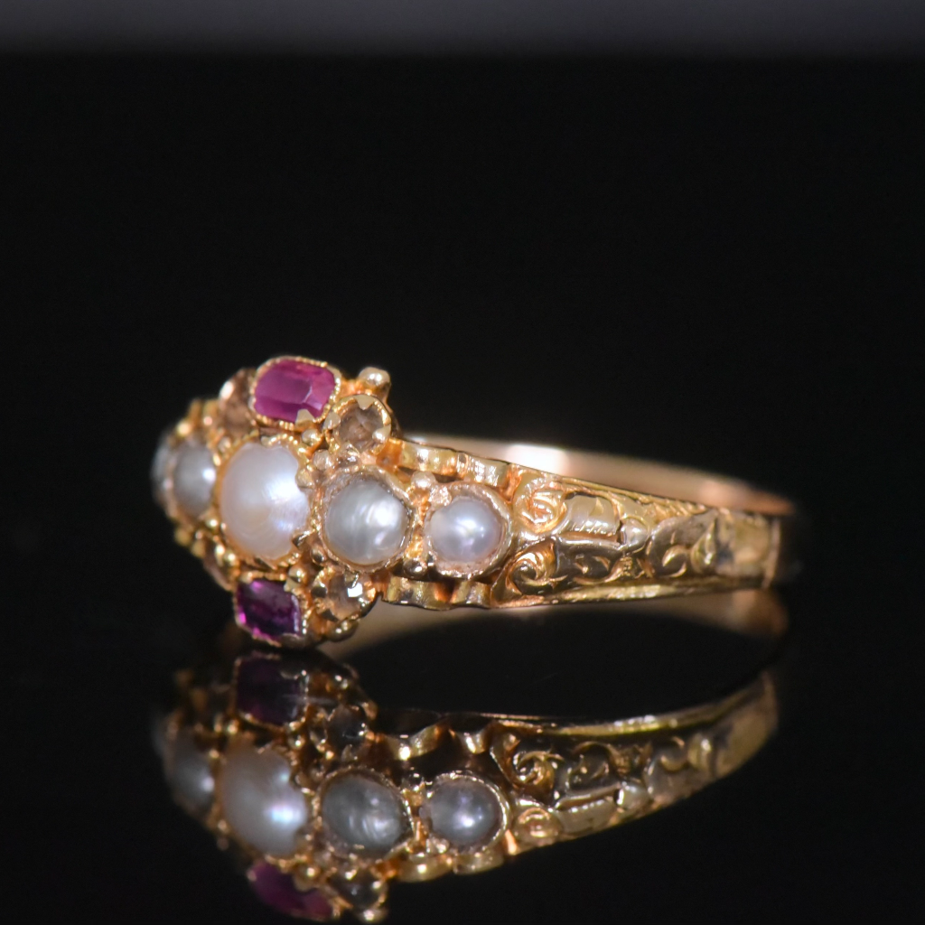 Antique Victorian 15ct Ruby And Seed Pearl Ring - Birmingham 1870