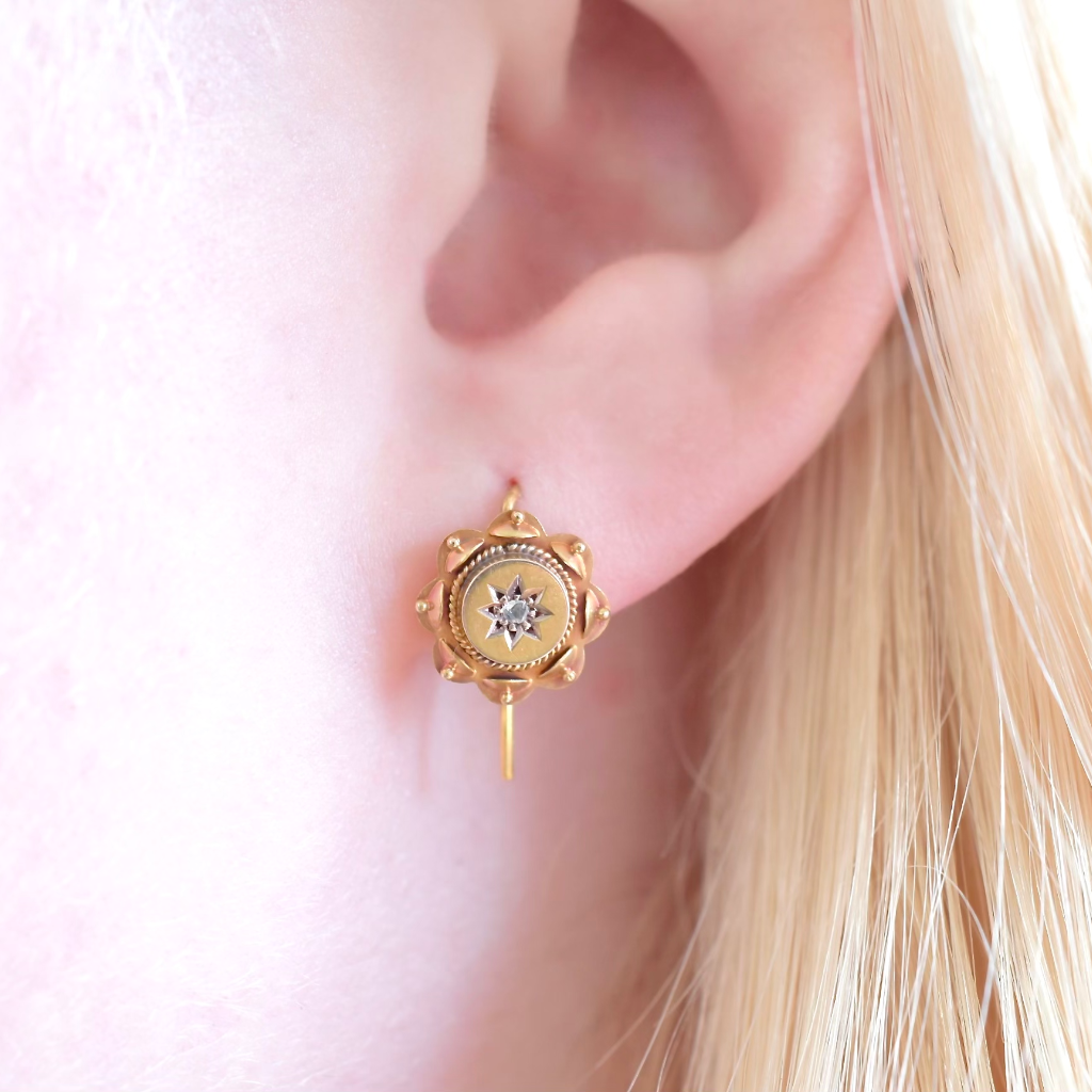 Antique Victorian 15ct Rose Gold (Bloomed) And Diamond Earrings Circa 1880