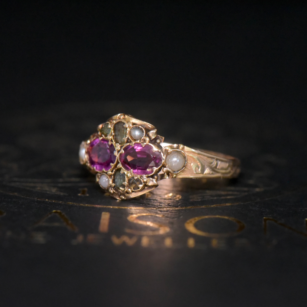 Antique Victorian 15ct Rose Gold Garnet, Emerald And Seed Pearl Ring - Birmingham 1870