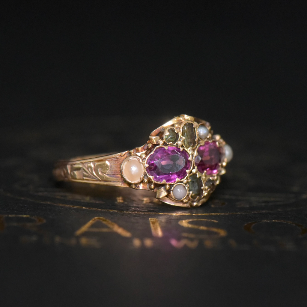 Antique Victorian 15ct Rose Gold Garnet, Emerald And Seed Pearl Ring - Birmingham 1870