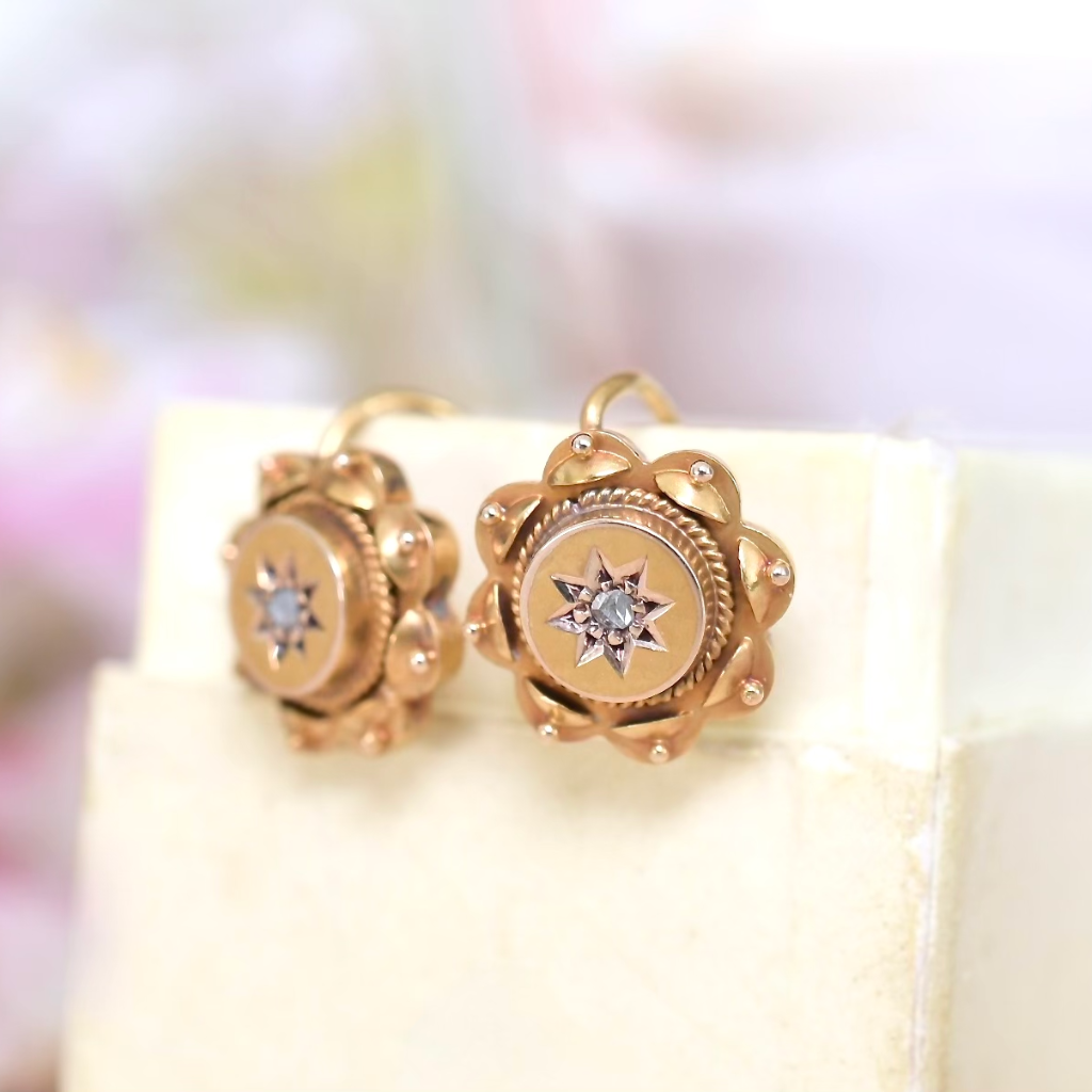 Antique Victorian 15ct Rose Gold (Bloomed) And Diamond Earrings Circa 1880