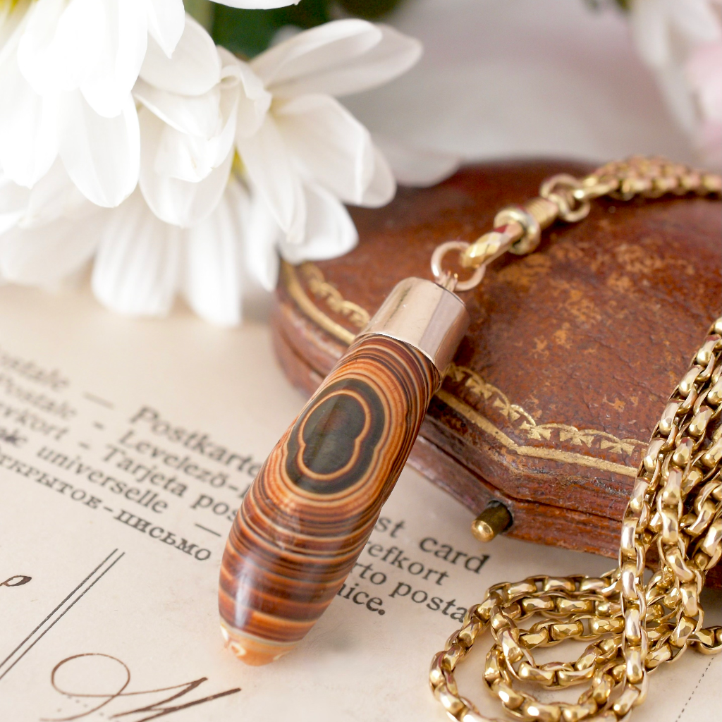 Antique Australian 9ct Rose Gold And Banded Agate Fob Pendant By ‘CARIS’ Of Perth W.A. Circa 1910