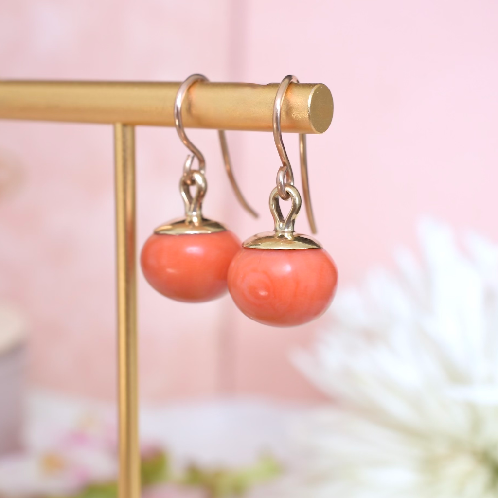 Antique Edwardian Era 9ct And 14ct Gold Salmon Coral Earrings