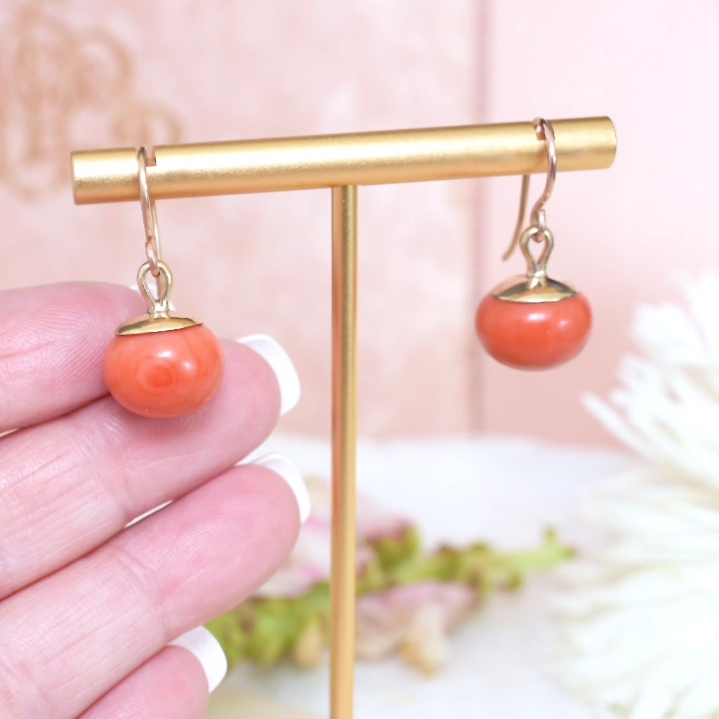 Antique Edwardian Era 9ct And 14ct Gold Salmon Coral Earrings