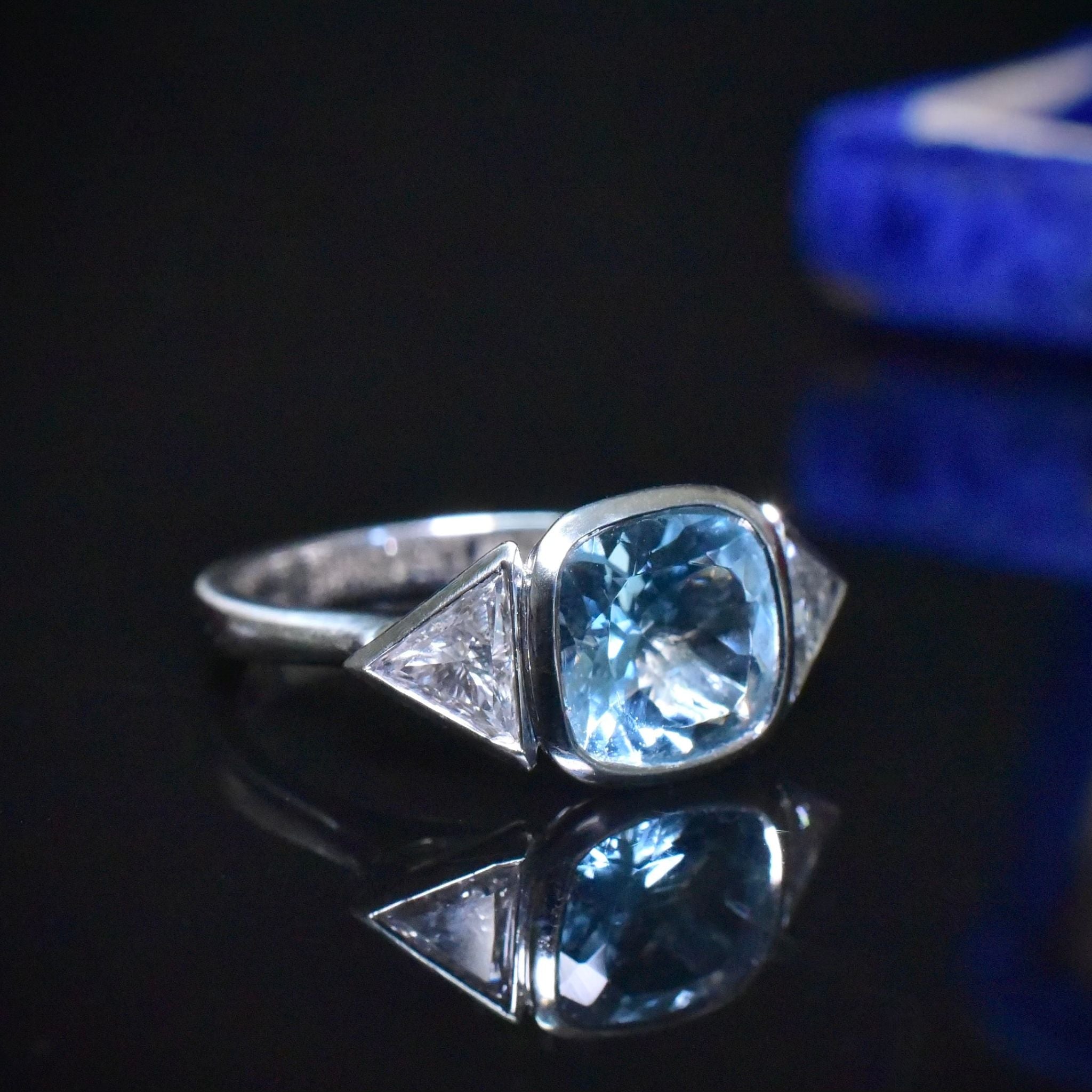 Superb Solid Platinum Aquamarine, Diamond, And Pink Diamond Ring