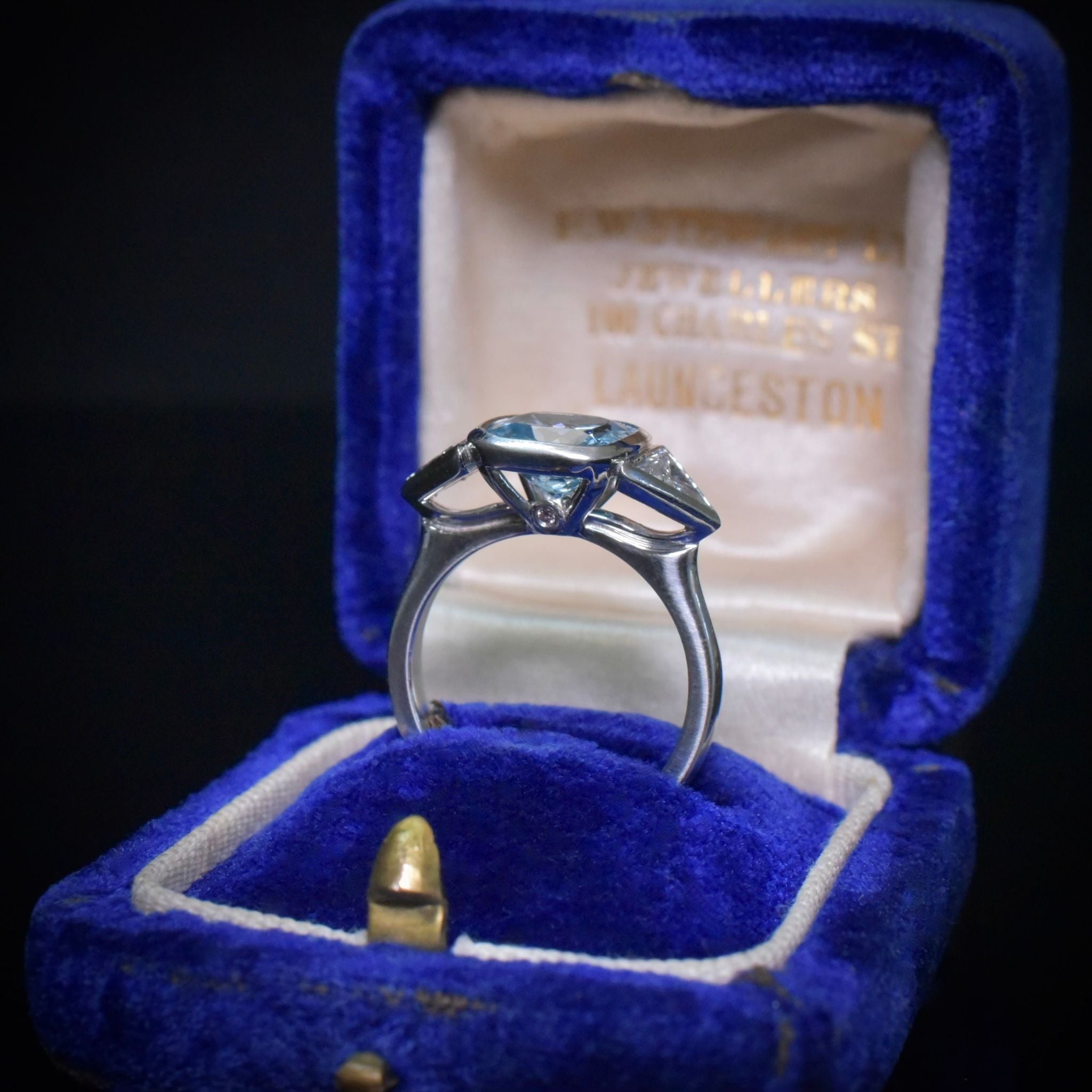 Superb Solid Platinum Aquamarine, Diamond, And Pink Diamond Ring