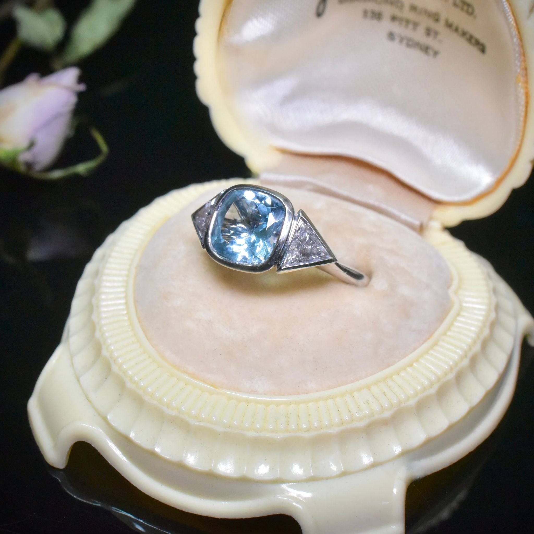 Superb Solid Platinum Aquamarine, Diamond, And Pink Diamond Ring
