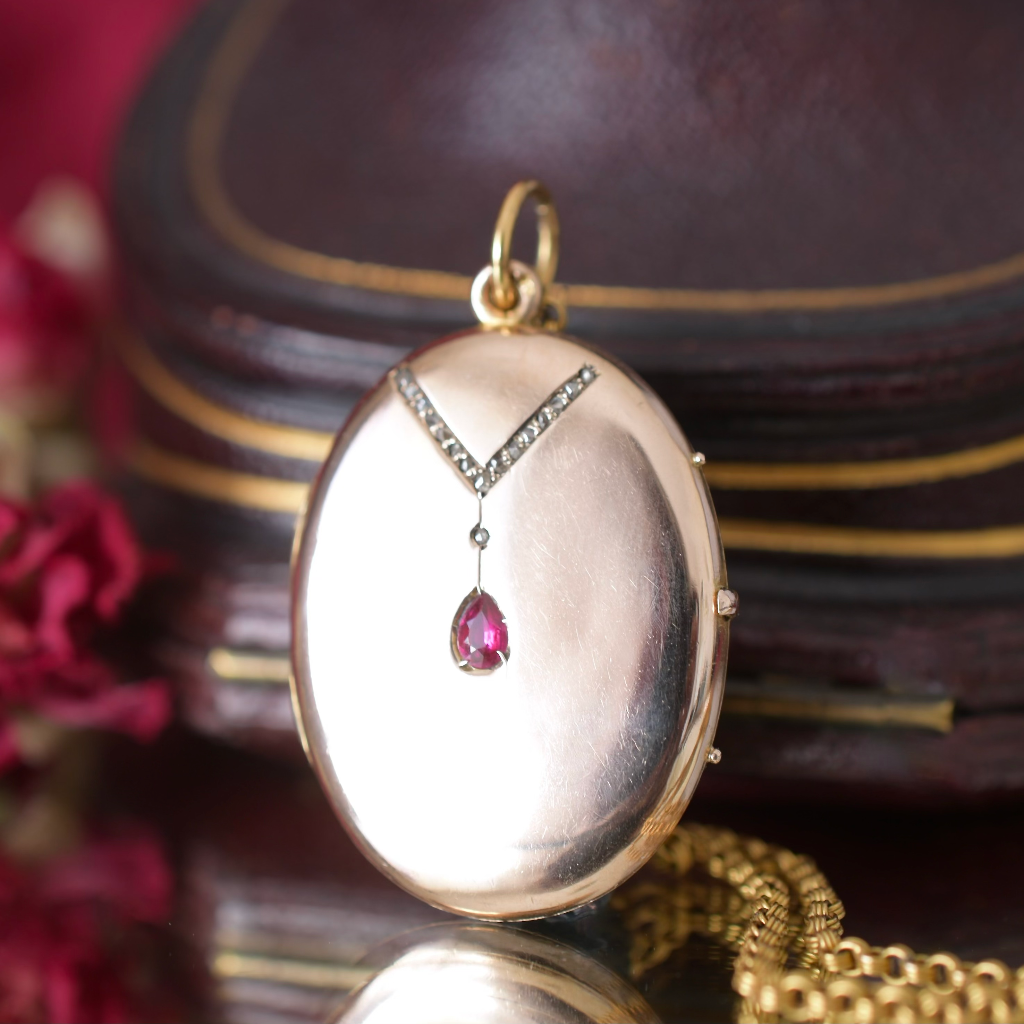 Antique 14ct Russian Rose Gold Ruby And Diamond Locket c1907-1918