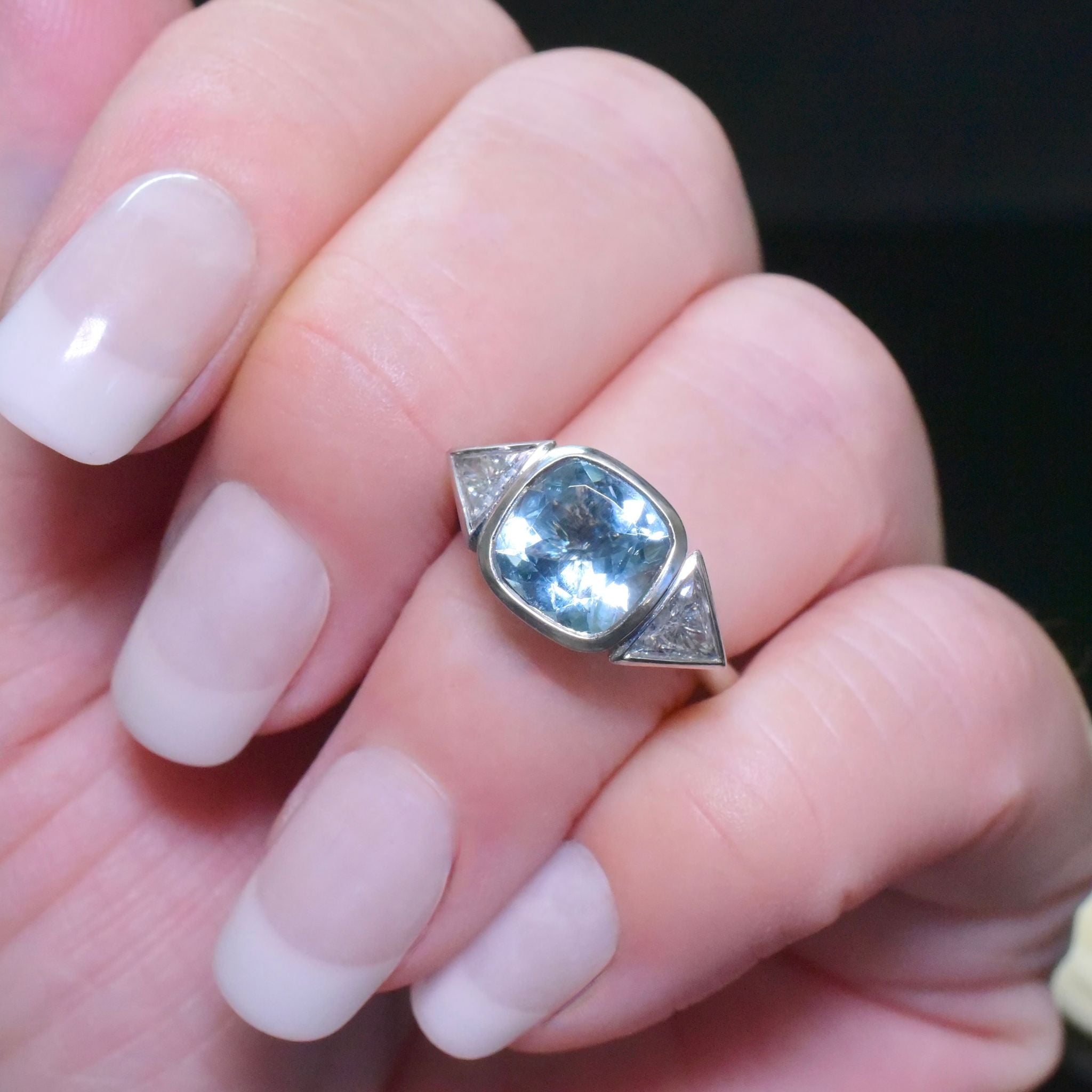 Superb Solid Platinum Aquamarine, Diamond, And Pink Diamond Ring