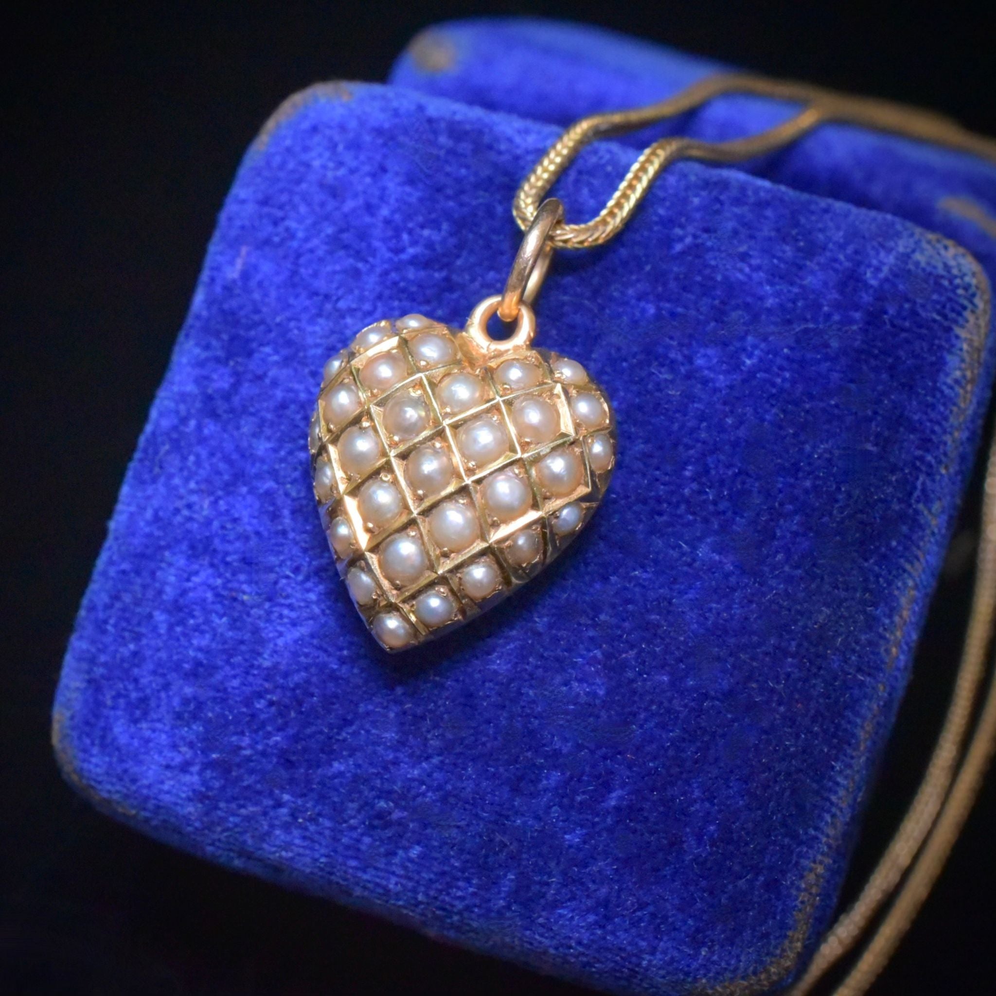 Antique Edwardian Australian 9ct Rose Gold Puffed Heart Pearl Pendant And Original 9ct Gold Chain - Circa 1910-15