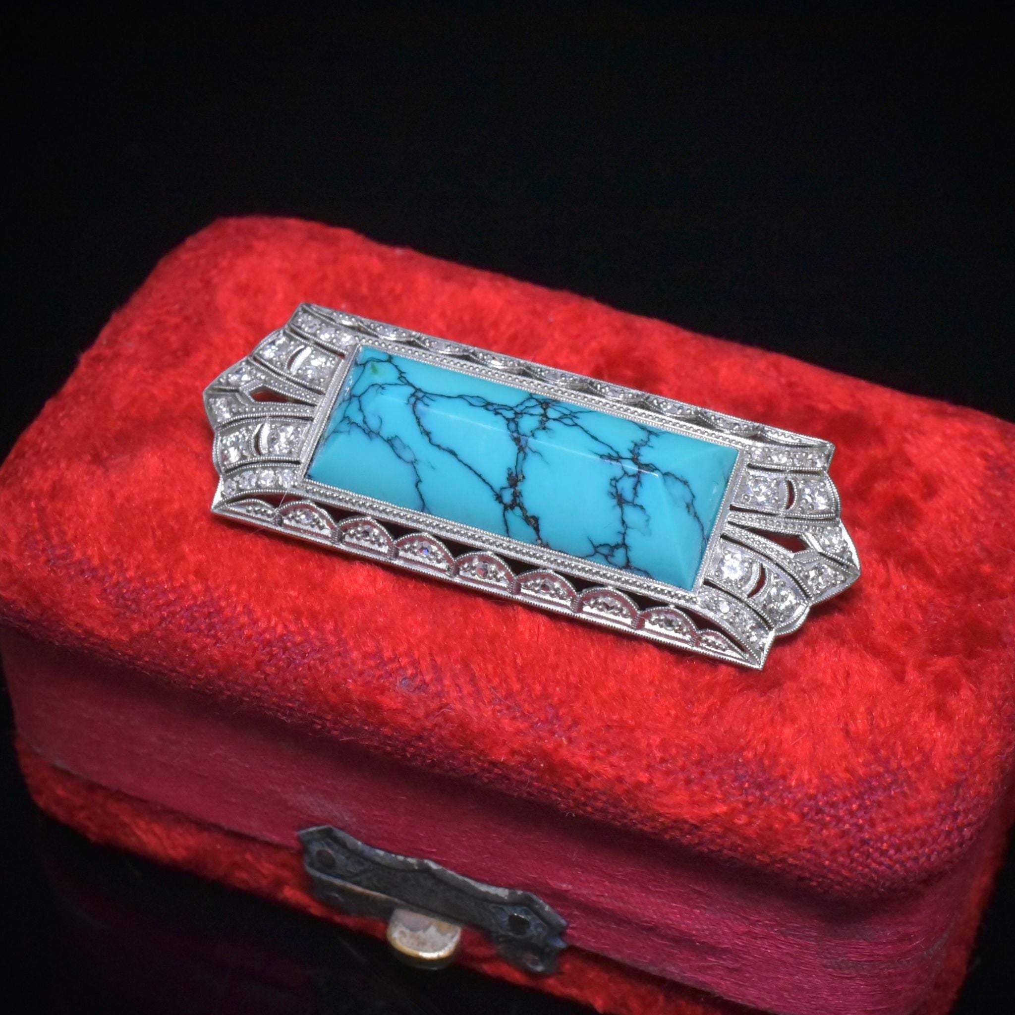 Antique Art Deco 14ct White Gold Turquoise And Diamond Brooch Circa 1925 Independent Gemmological Valuation Included $6000 AUD