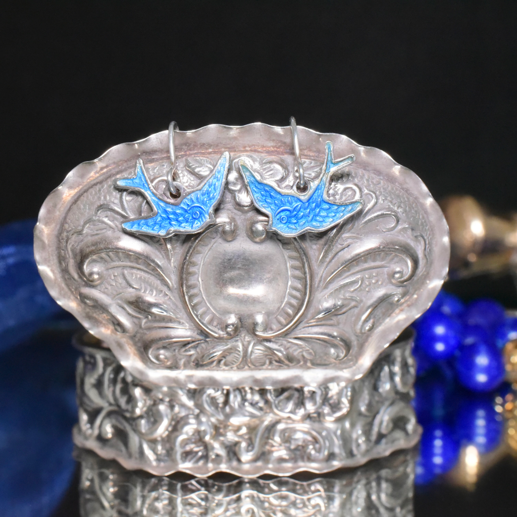 Vintage Australian Sterling Silver Enamel ‘Blue Bird Of Happiness’ Earrings