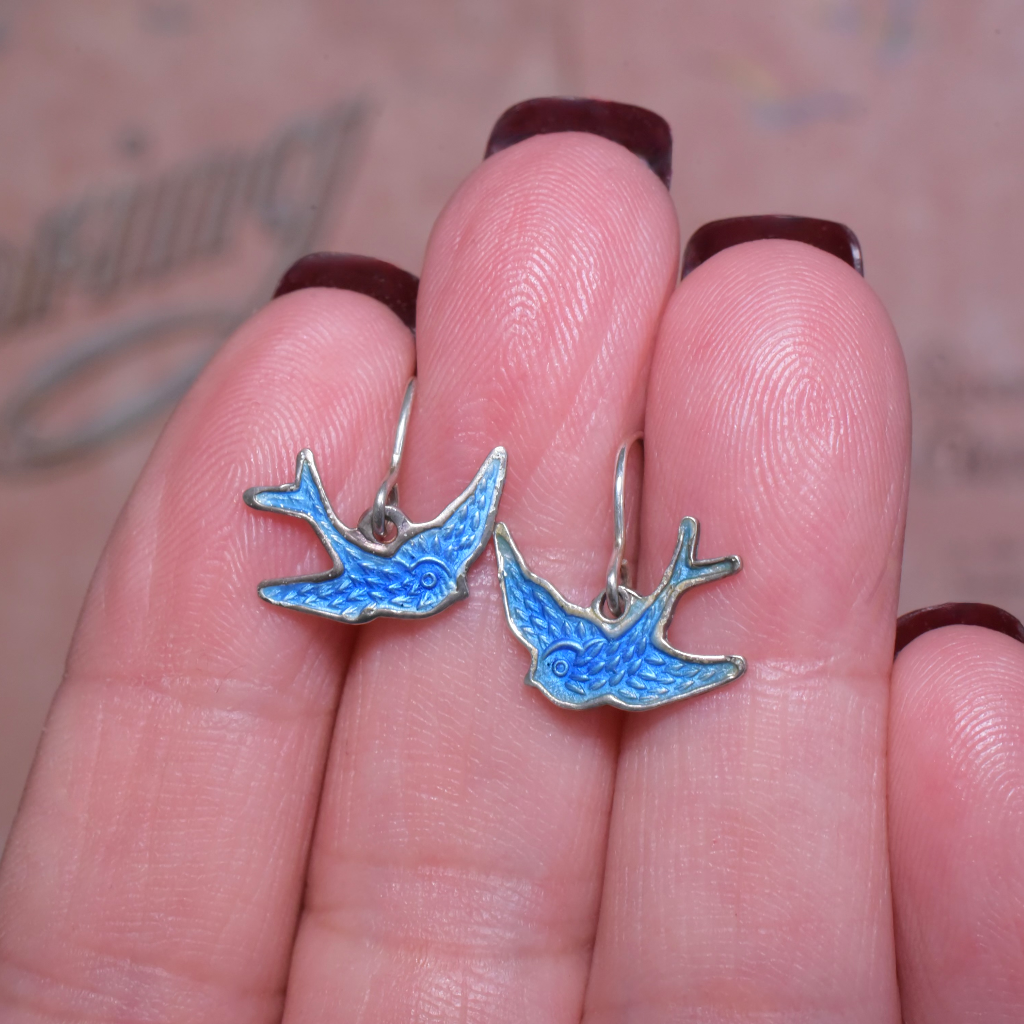 Vintage Australian Sterling Silver Enamel ‘Blue Bird Of Happiness’ Earrings