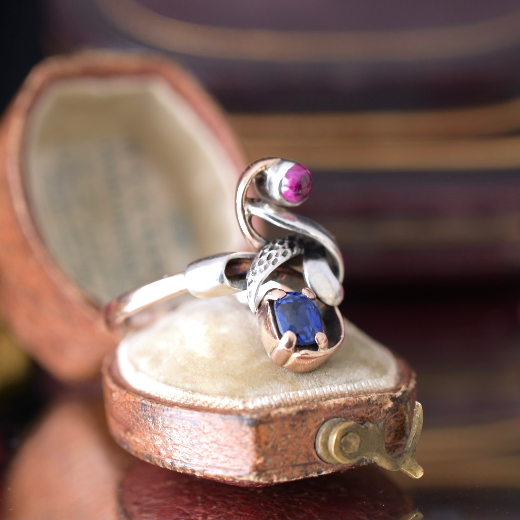 Art Nouveau 14ct Rose Gold Verneuil Sapphire And Ruby Ring