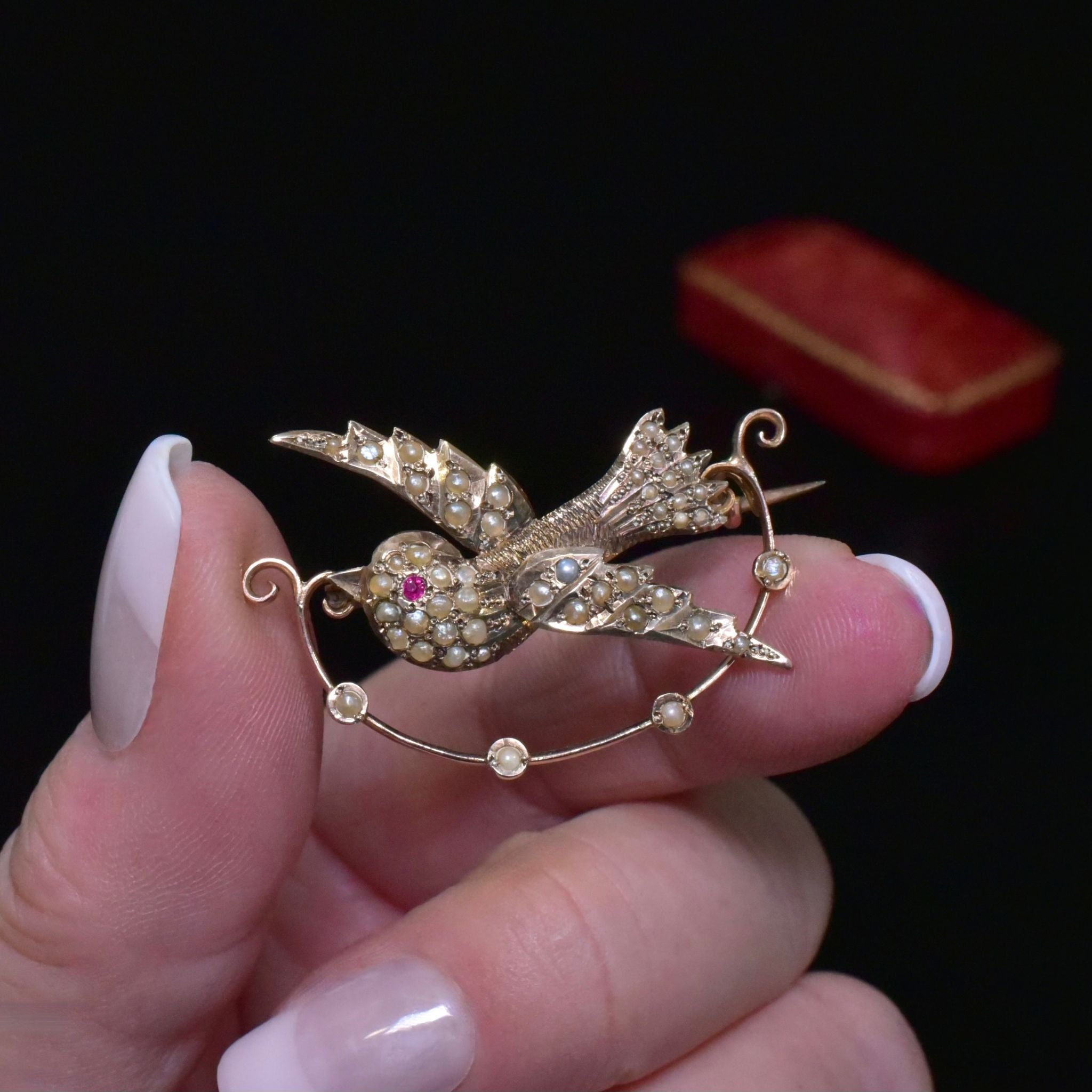 Antique Australian Edwardian 9ct Rose Gold Seed Pearl ‘Dove’ Brooch By Aronson & Co. Circa 1910