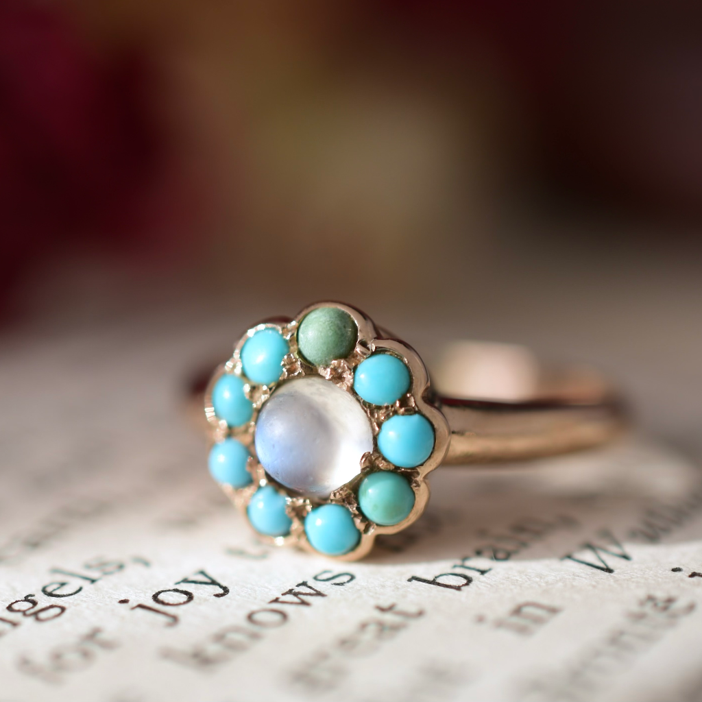 Antique Australian 9ct Rose Gold Moonstone And Turquoise ‘Daisy’ Cluster By H Simonsen Pty Ltd Circa 1915
