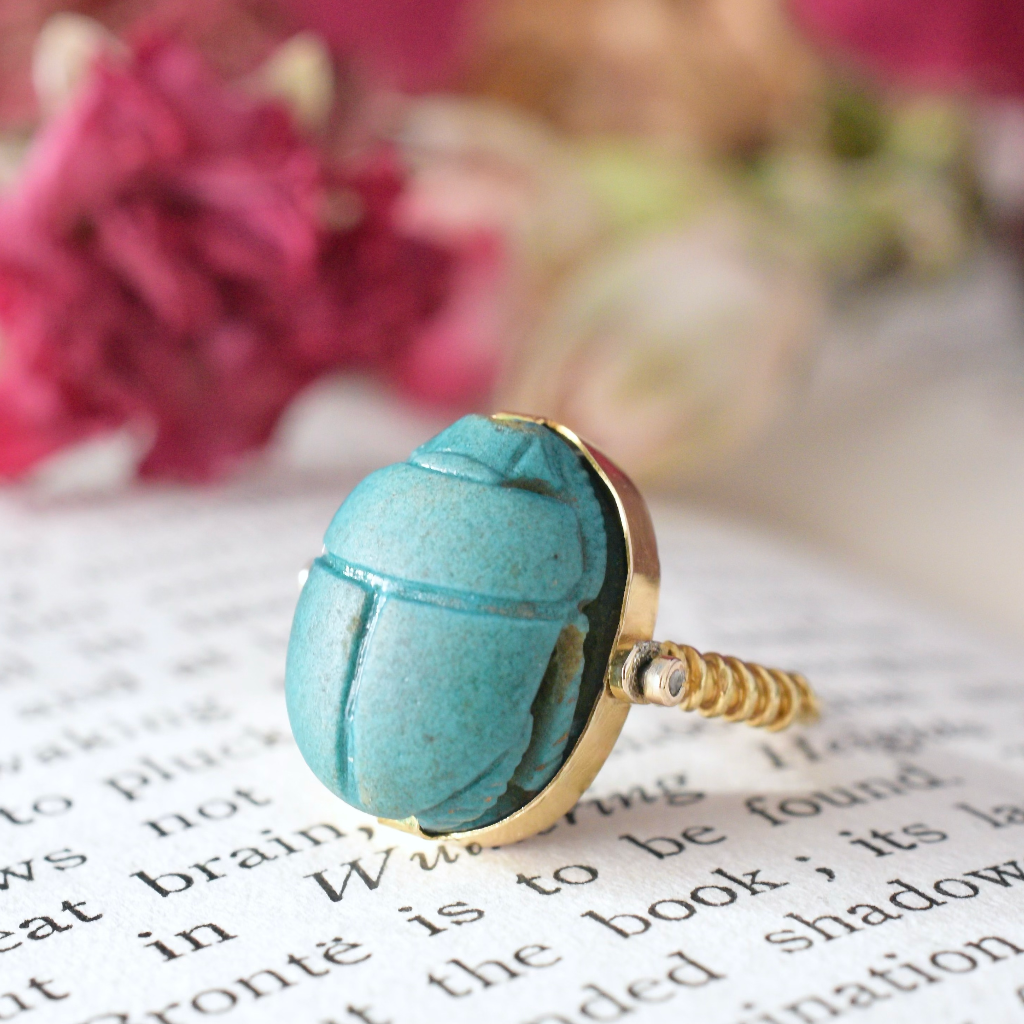 Vintage Art Deco-1940’s 14ct Yellow Gold Faience Scarab Swivel Ring