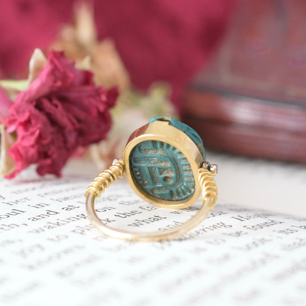 Vintage Art Deco-1940’s 14ct Yellow Gold Faience Scarab Swivel Ring