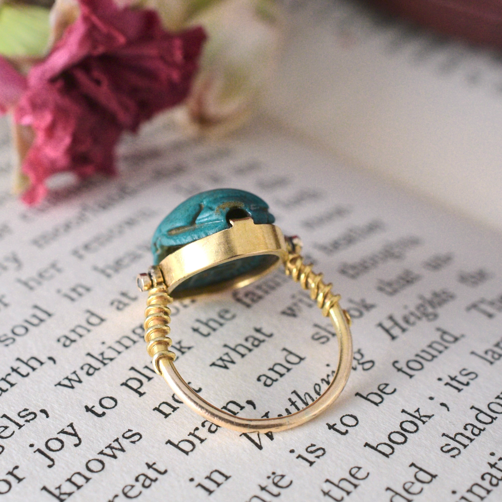 Vintage Art Deco-1940’s 14ct Yellow Gold Faience Scarab Swivel Ring