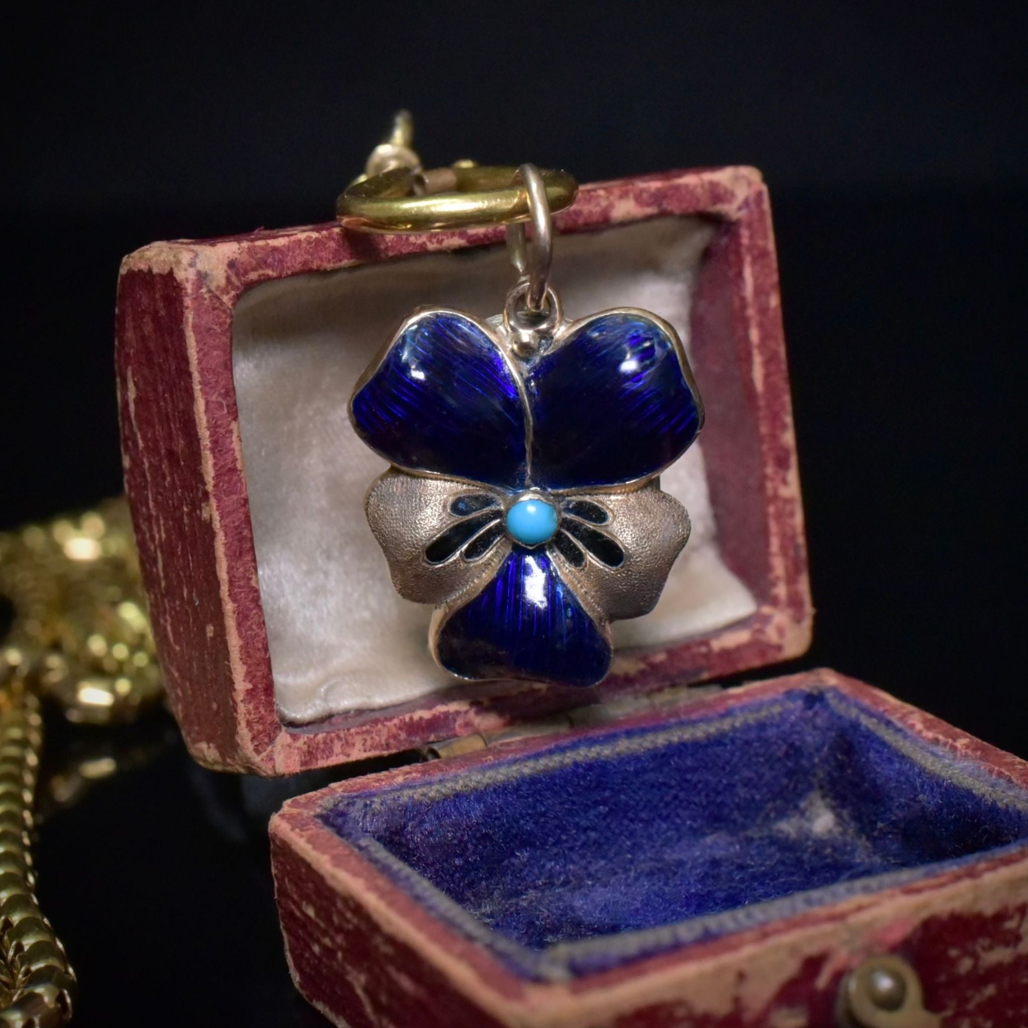 Antique Art Nouveau 15ct Yellow Gold Blue Enamel, Turquoise, ‘Pansy’ Opening Locket