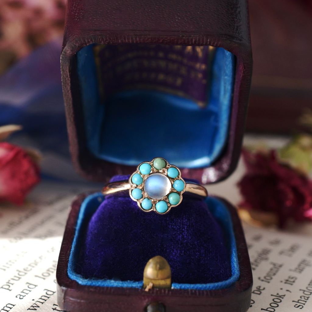 Antique Australian 9ct Rose Gold Moonstone And Turquoise ‘Daisy’ Cluster By H Simonsen Pty Ltd Circa 1915