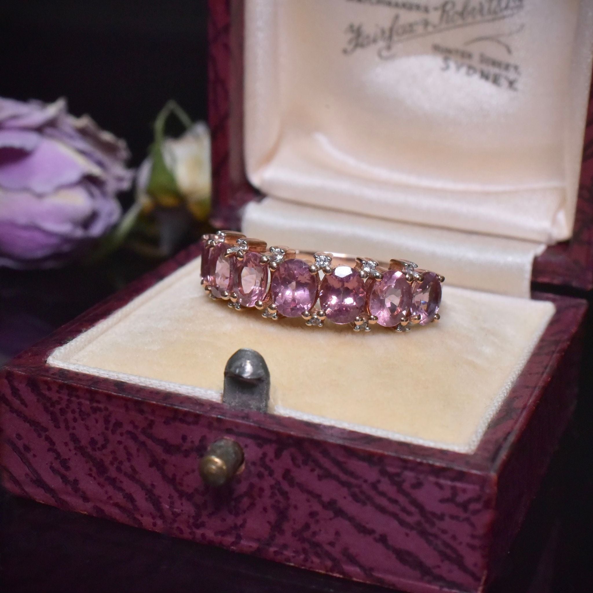 Modern 10ct Rose Gold Pink Spinel And Diamond Half Hoop Ring