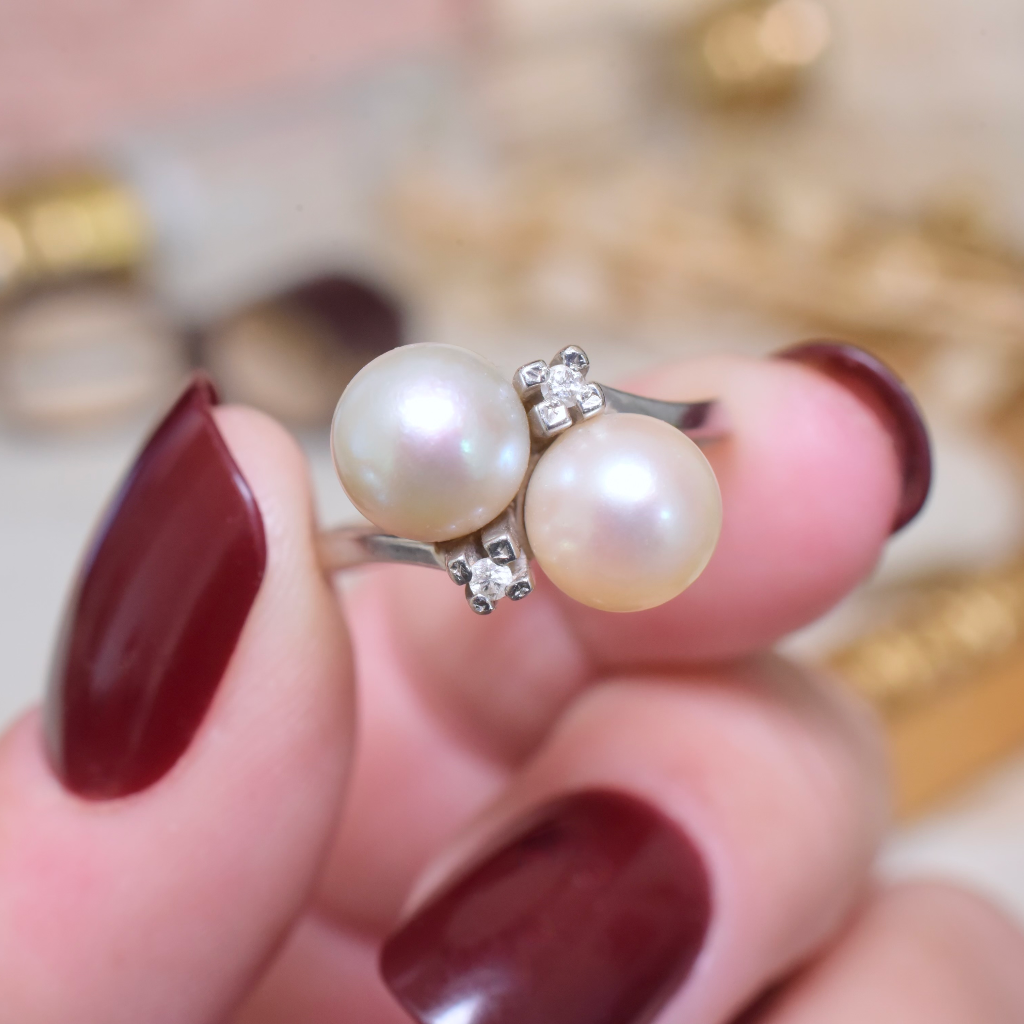 Vintage 14ct White Gold Pearl And Diamond ‘Toi Et Moi’ Ring