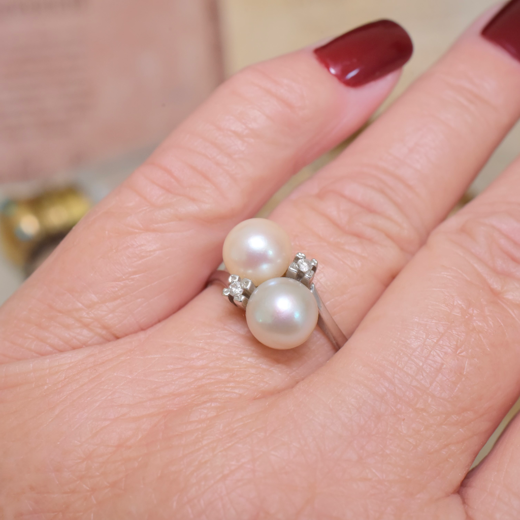 Vintage 14ct White Gold Pearl And Diamond ‘Toi Et Moi’ Ring