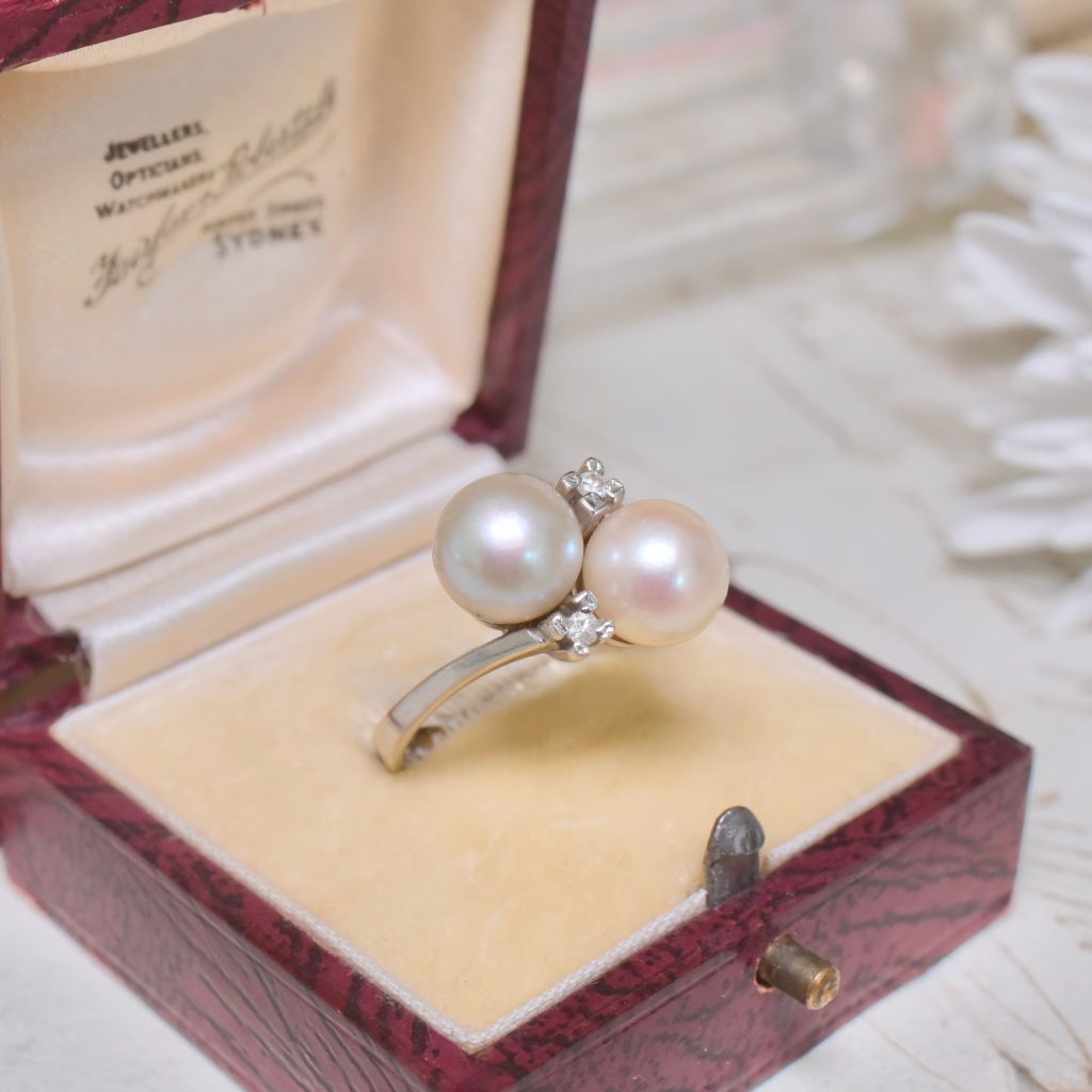 Vintage 14ct White Gold Pearl And Diamond ‘Toi Et Moi’ Ring