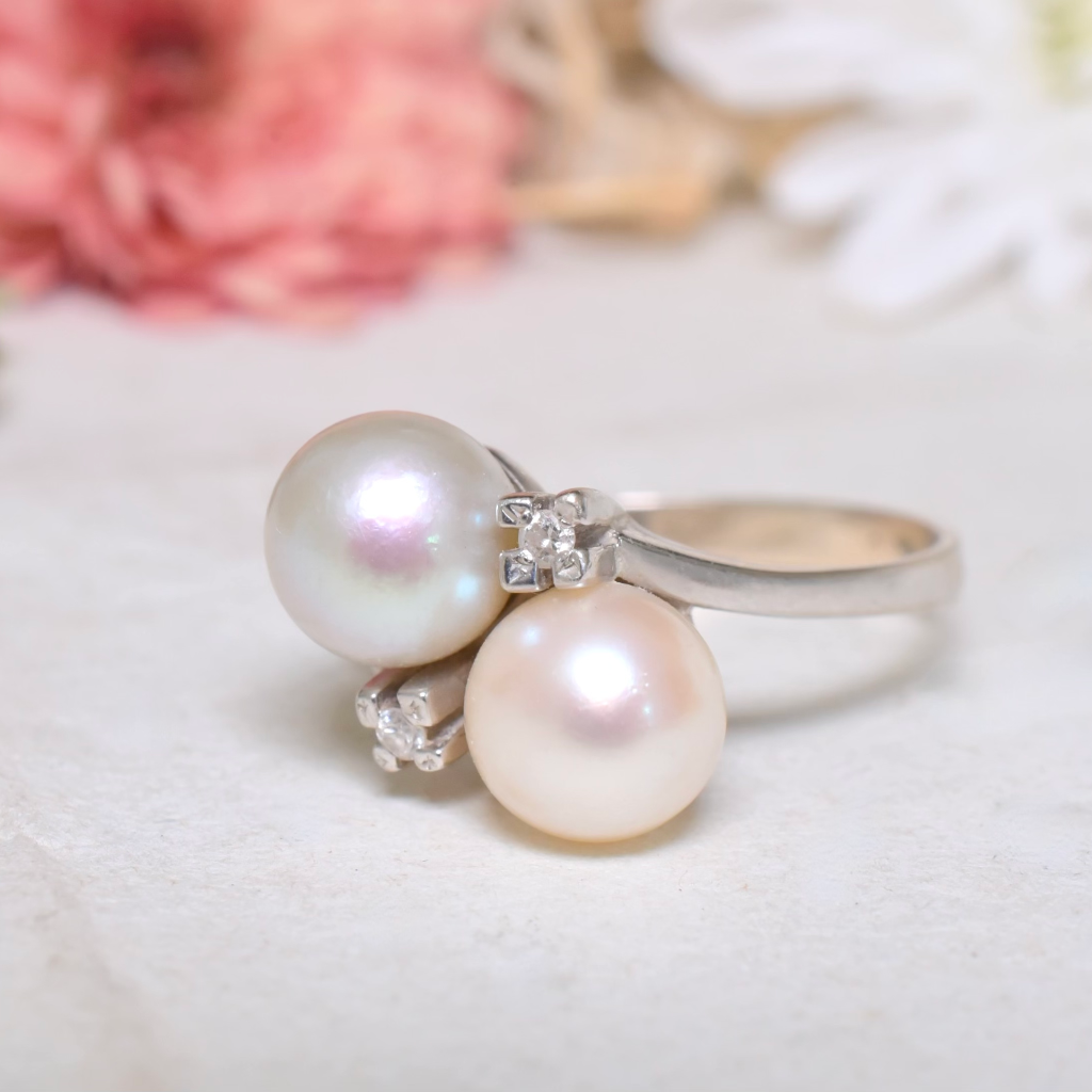 Vintage 14ct White Gold Pearl And Diamond ‘Toi Et Moi’ Ring