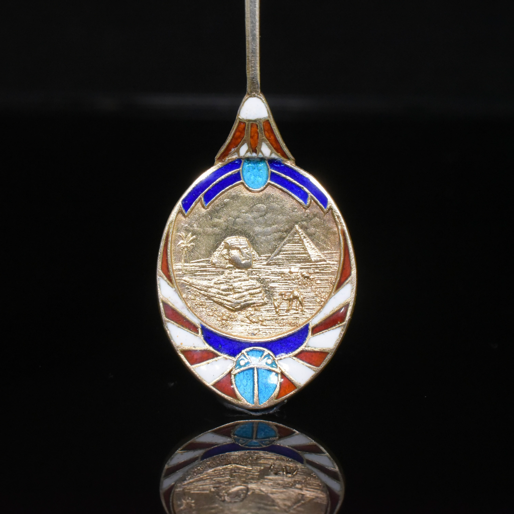 Antique Art Deco Egyptian Revival Silver Enamel Spoon circa 1925