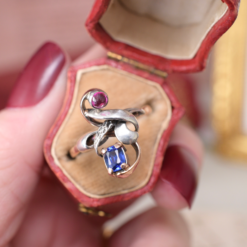 Art Nouveau 14ct Rose Gold Verneuil Sapphire And Ruby Ring