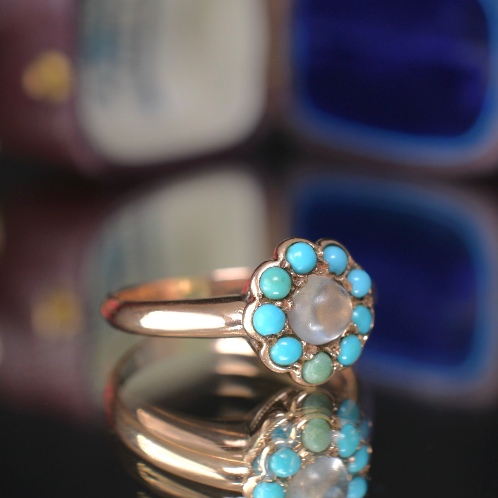 Antique Australian 9ct Rose Gold Moonstone And Turquoise ‘Daisy’ Cluster By H Simonsen Pty Ltd Circa 1915