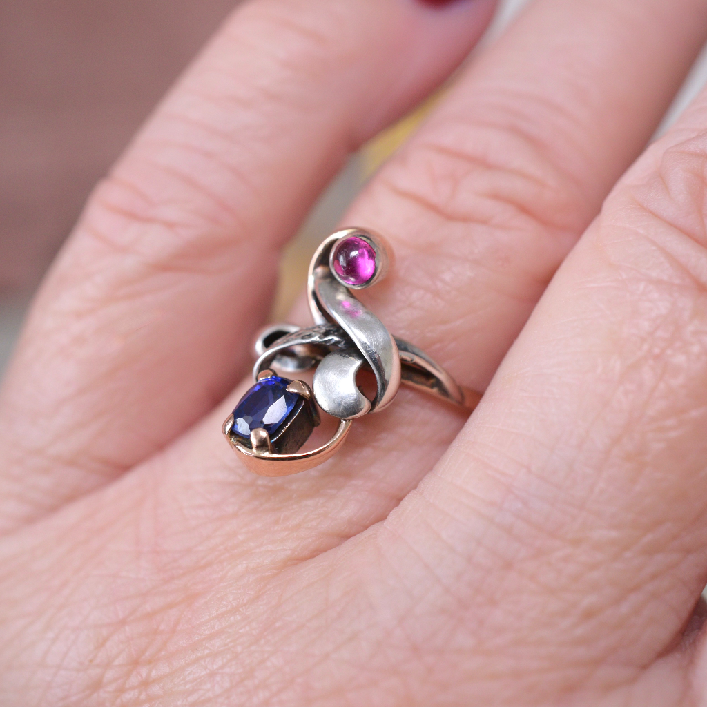 Art Nouveau 14ct Rose Gold Verneuil Sapphire And Ruby Ring