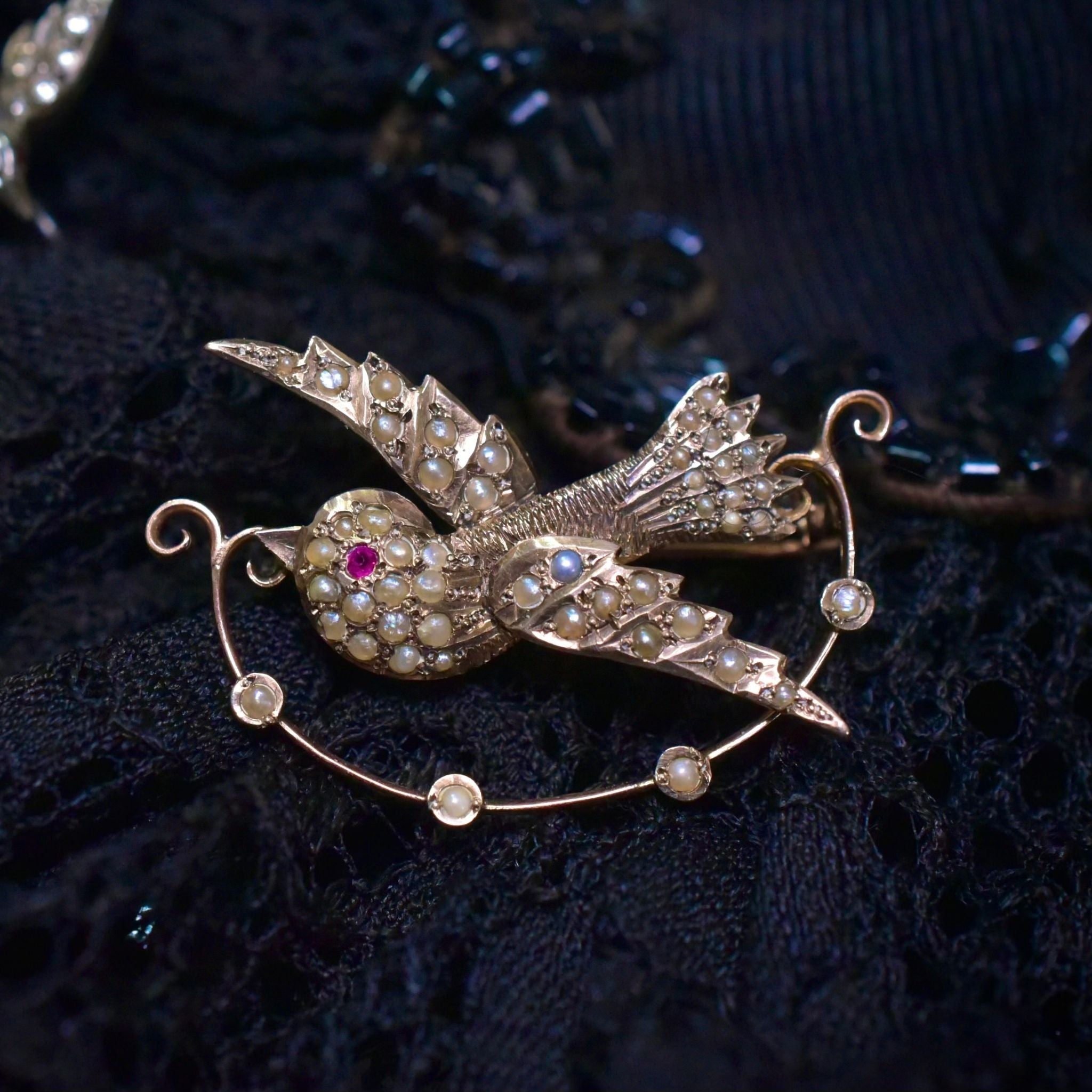 Antique Australian Edwardian 9ct Rose Gold Seed Pearl ‘Dove’ Brooch By Aronson & Co. Circa 1910